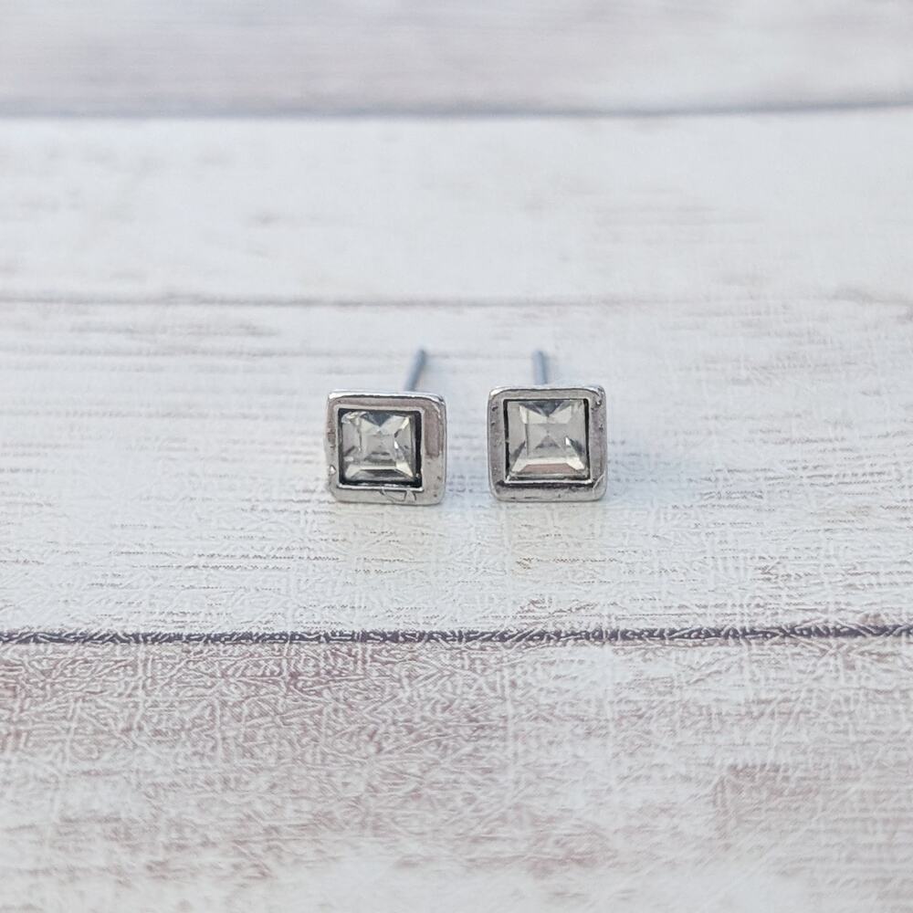 Vintage Stud Earrings Small & Dainty Square Shape with Clear Gem
